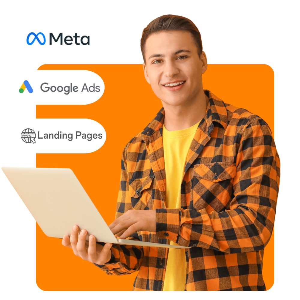 Homem segurando notebook com logos de Meta, Google Ads e landing pages, representando anúncios online da Agência Dricoléo.